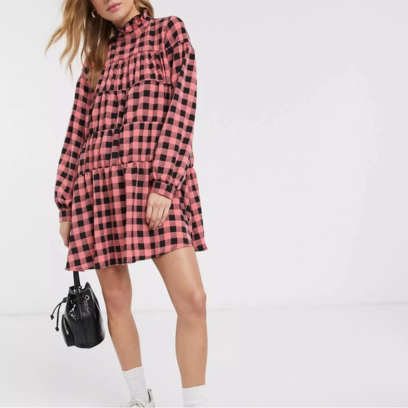 Reclaimed Vintage inspired smock dress with high neck in check - Picture 3 of 4